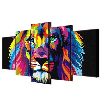 Lærred Plakater Home Decor Væg Kunst Ramme 5 Stykker Farverige Lion Malerier Til stuen HD Udskriver Abstrakte Billeder med Dyr