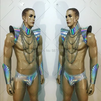 Halloween bar natklub ds fremtid warrior teknologi forstand sølv spejl rustning muskel mandlige gogo kostume