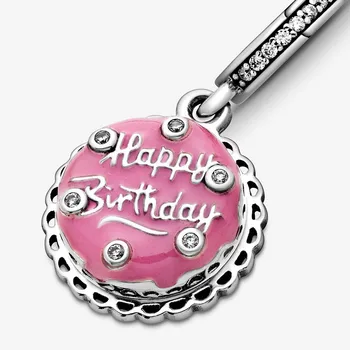 Ny 2020-Sterling Sølv 925-Perle Lyserød Fødselsdag Kage Dingle Charme passer til 3mm Armbånd Kvinder DIY Smykker gave 1553