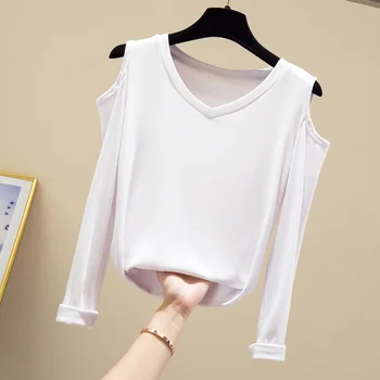 2020 Sommer Top Pink T-Shirt Hvid Sexet Off Skulder T-Shirt Femme Kvindelige Slank Høj Kvalitet Med Lange Ærmer Toppe, Mode Tøj