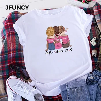 JFUNCY Plus Size Kvinde, Toppe I 2020, Nye Kvinder Bomuld T-Shirt Bedste Venner Tegnefilm Trykt Kvindelige Tee Sommeren kortærmet T-shirt