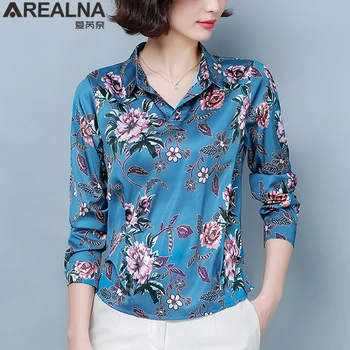 Koreansk Mode Silke Shirt til Kvinder koreanske Satin Bluse Vintage Bluse med Blomster Print Toppe Plus Størrelse 5XL Blusas Mujer De Moda 2020