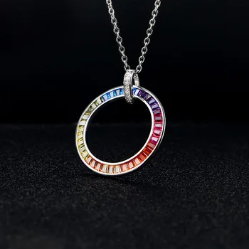 Stor Cirkel Rainbow Cubic Zircon Vedhæng Til Kvinder Europæiske Farverige Party Smykker 925-Sterling-Sølv Vedhæng Halskæde