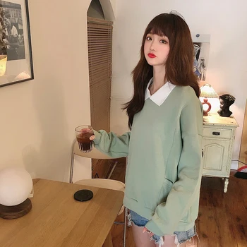 Falske To-stykke Kvinder koreanske Harajuku Sweatshirt Kvindelige sig Selv Plus Size Hoodie Kawaii Æstetiske Pullovere Bomuld Casual Toppe