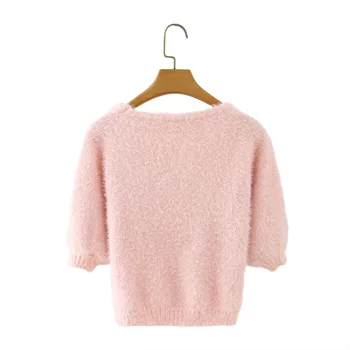 Falder 2020 afgrøde top kvinder beskåret sweater strikket pink sweater koreanske blomst sweater sød pullover square neck top puff ærmer