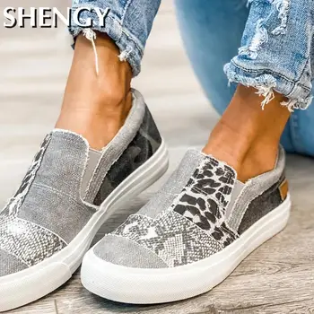 Nye Kvinder Loafers Snake Print Kvindelige Sneakers Ladies Casual Sko Patchwork Lærred Sko 2020 Efteråret Kvinder I Flade Sko