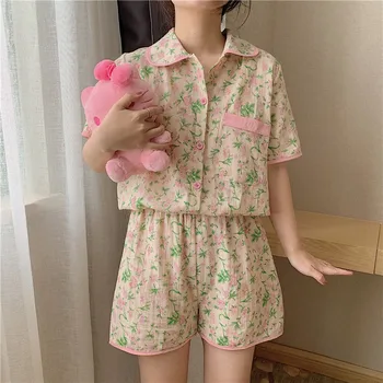 Farve matchende pyjamas sæt kvinder sommer bomuld blomster print pjs pyjamas mode kortærmede shorts passer homewear sommeren L110