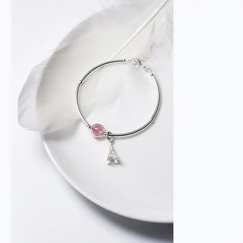 MloveAcc 925 Sterling Sølv, Pink Strawbery Crystal Charm Armbånd til Kvinder Europæiske Eiffeltårnet Armbånd & Øreringe