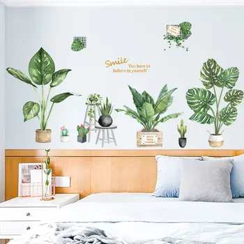 Kreativ store grønne blad Wall stickers friske potteplanter hjem indretning til soveværelset Europa, rum udsmykning smil tapet