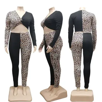 Sexet Nigtclub Plus Size Kvinder, To Stykker Sæt Mode Leopard Printet Patchwork Dyb V-hals, Lange Ærmer Crop Tops + Bukser Party