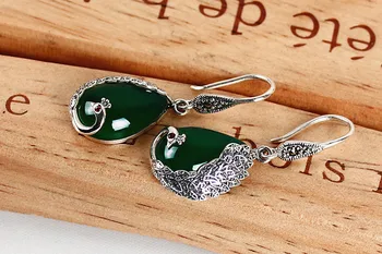 Vintage peacock udskæring grøn jade smaragd-ædelsten drop øreringe til kvinder hvid guld thai sølv farve smykker brincos bijoux