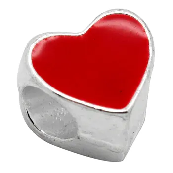 DoreenBeads Europæiske Charme Perler Hjerte Sølv farve Emalje Red 10x10mm,Hul:Ca:4.5 mm 20PCs ny