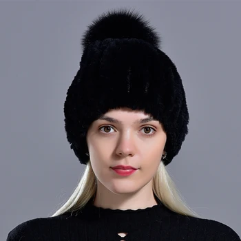 Vinter pels hatte til ladys Kvinders Rex kaninpels Caps Huer Fast Elastisk Vinter Mode Tilbehør fox fur Pompom Hat