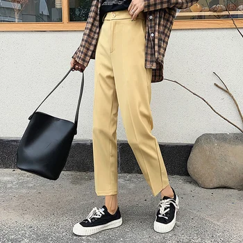 YAMDI kvinder passer bukser kvindelige forår sommer koreanske høj talje varme kvinde kontor dame slank solidt arbejdstøj lomme capris 2020