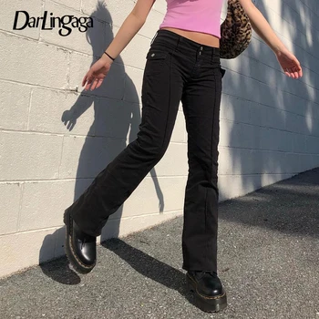Darlingaga Vintage Y2K Sort Kvinde Bukser Streetwear Knapper, Lommer Slanke Damer Bukser, Tynde Harajuku Bukser Femme Pantalon