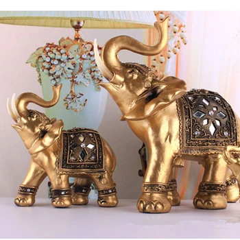 Gyldne Harpiks Elefant Statue Heldig Feng Shui Elegante Elefant Kuffert Statue Heldig Rigdom Figur Håndværk Pynt Til Hjemmet Indretning