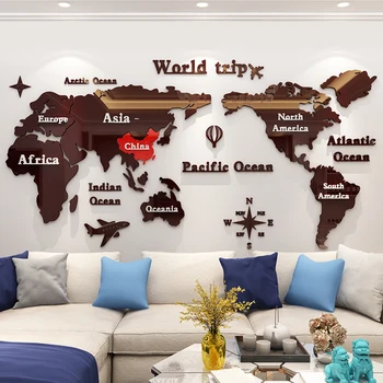 3D Akryl verdenskort Wall Stickers Kontor dekorative maleri virksomhedskultur væggen Stue selvklæbende wall sticker