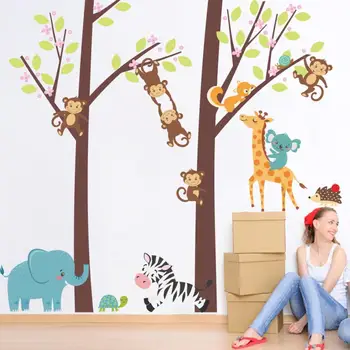 Home Decor Jungle Dyr Træ Kids Baby Planteskole Wall Sticker Vægmaleri Indretning Decal Flytbare væg sticker Hjem Deco-spejl JU26