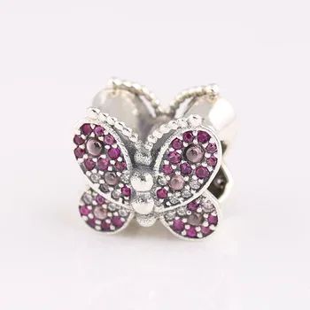 Autentisk S925 Sølv Blændende Pink Sommerfugl Med Krystal Perle-Charme fit Dame armbånd Armbånd DIY Smykker