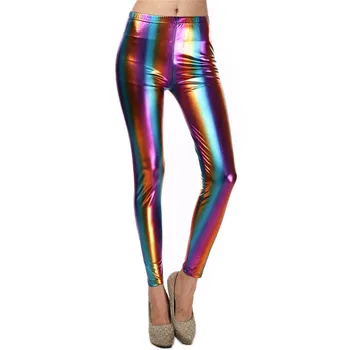 Holografisk Glitter Pu Lange Bukser Regnbue Farve Stribet Elastisk Blyant Bukser Sexede Kvinder, Tynde Bukser Streetwear 2019 Falder
