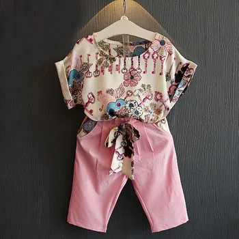 Sommeren Baby Pige Tøj To Stykker Blomster Print kortærmet T-shirt, Toppe Casual Bukser Outfits Sæt