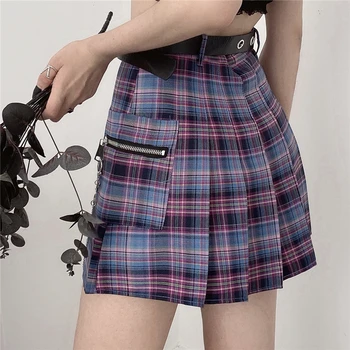 2 Nye Farver Summer Harajuku Kawaii Plisseret Nederdel Kvindelige Gotiske Nederdele Gaming Piger Cosplay Plaid Nederdel Mujer med Bælte Kæde