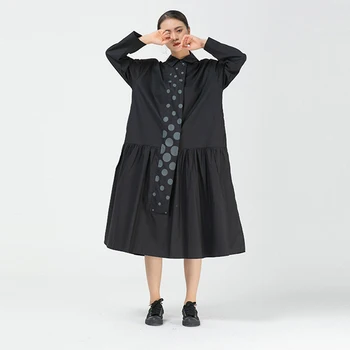XITAO Vintage Kjoler til Kvinder Bølge Dot Kontrast Farve Uregelmæssige Syning Kjoler Plus Size Lange Ærmer Kvinder Tøj XJ5017