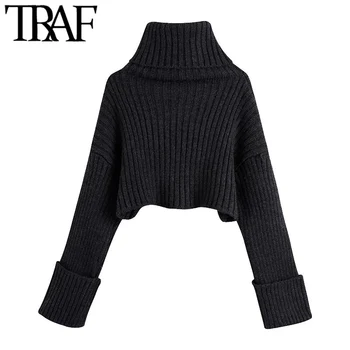 TRAF Kvinder Mode, Varm, tæt Beskåret Strikket Sweater Vintage Høj Hals, Lange Turn-up Ærmer Kvindelige Pullovere Smarte Toppe