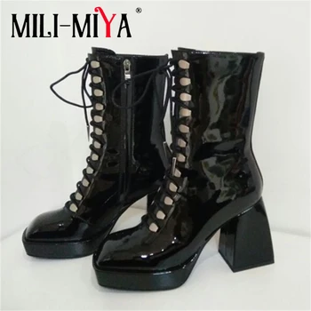 MILI-MIYA Plus Size 34-43 Kvinder Ko Læder Ankel Støvler Solid Farve Platform Firkantet Tå Lace-Up Lynlås Mode Design Til Damer