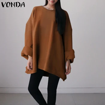 Vintage Solid Skjorter 2021 Afslappet O-Neck Tops VONDA Kvinders Efteråret Bluse Blusas Kvindelige Mode Bluse Chemise 5XL Tunika Toppe