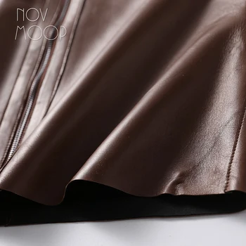 Novmoop Italien vintage stil kvinder foråret mørk brun med En ægte fåreskind læder nederdel med lynlås lomme indretning LT3042