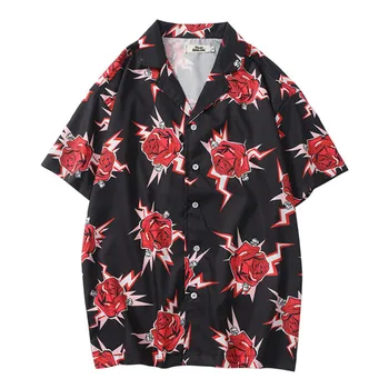 Hip Hop Streetwear Skjorter Herre Hawaii-Skjorte Rød Rose Harajuku Blomster 2020 Forår Sommer Hawaii Beach Tynd Kortærmet Skjorte