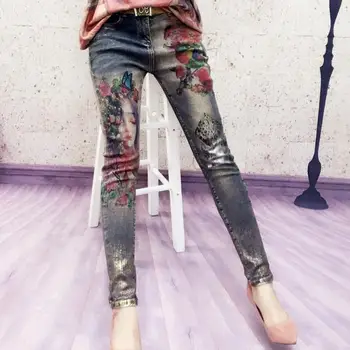 Plus størrelse 25-32 2020 foråret efteråret Blyant Elastiske Jeans Med 3D Blomster mønster Malet Elegante Kvinder skinny Jeans Denim