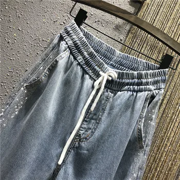 Kvinder side Sequined bred ben vasket denim bukser 2020 kvindelige elastisk talje overdimensionerede side strip jeans bukser