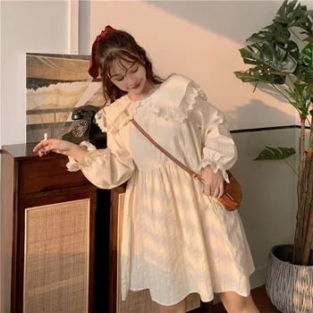 Koreanere Mori Girl Efteråret Ny Kjole Søde Blonder Peter Pan Krave Kawaii Lanterne Fuld Ærme Vintage Løs Solid Farve Grundlag Kjole