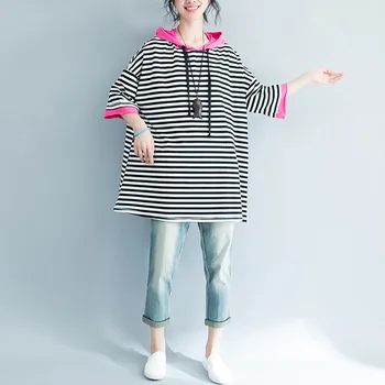 Plus Størrelse Stribet Hættetrøje Kvinder Korean Style Big Size Foråret Efteråret Sweatshirt Patchwork Hættetrøjer Kvindelige Løs Pullover Top 2019