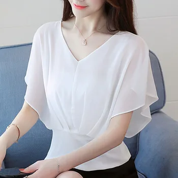 Koreansk modetøj 2021 damer toppe hvid skjorte bluse Kort Flæser Polka Dot V-Hals harajuku chiffon blouse 3097 50