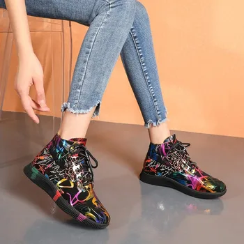 2020 Europæiske og Amerikanske stil farverige graffiti fladskærms korte støvler varm runde hoved studerende, casual kvinders støvler bomuld sko