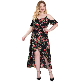 Kvindelige sommer plus size lang kjole til kvinder large stropløs casual løs halterneck sexet print blomst kjoler black 4XL 5XL 6XL 7XL