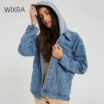 Wixra Solidt Turn-Down Krave Klassisk Blå Hætteklædte Jakke Til Kvindelige Løs, Afslappet Kvinder Outwear Denim Med Lommer Frakker