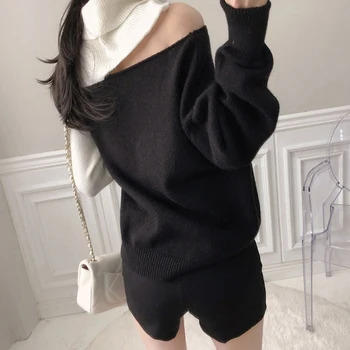 LLZACOOSH Nye Vinter koreanske Smarte Sexet Off-Shoulder Rullekrave Langærmet Hule Ud Sweater Kvinder Casual Løs Top