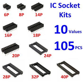PHISCALE 105pcs IC-sokkel 10 værdier dip 8P 6P 16P 14P 20P 18P 24P 28P, 32P 40P lodde adapter type socket kit til ICs