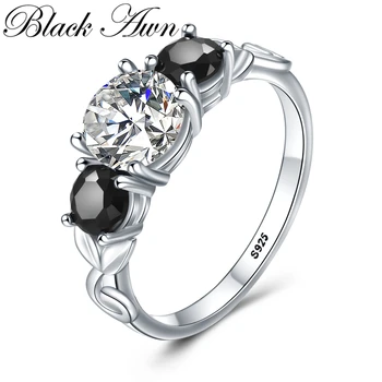[BLACK AWN] Runde Ægte 925 Sterling Sølv Ring med Sort Spinel Finger Elegante Ringe til Kvinder G090