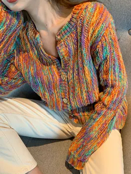 Rainbow Cardigan 2020 Efterår og Vinter Vintage Kontrast Farve Strik Overdele Løs O neck Langærmet Strikkede Cardigans Mujer