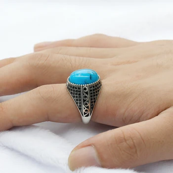 925 Sterling Sølv Mænd Ring med Blå Turkise Sten Vintage Thai Sølv Ring med Sort CZ for Mandlige og Kvindelige tyrkiske Jewelryy