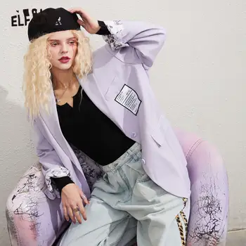 ELFSACK Lavendel Solid Enkelt Breasted koreanske Blazer Kvinder Jakke i 2020 Efteråret ELF Rene Kausale Feminisme Oversize Daglige Outwears