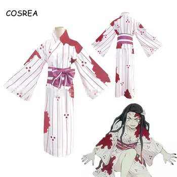 Anime Demon Slayer Kimetsu ingen Yaiba Kamado Nezuko Cosplay Kostume Kimono Kvinder Girl Blood Stain Kjole Uniform Syntetisk Hår Paryk