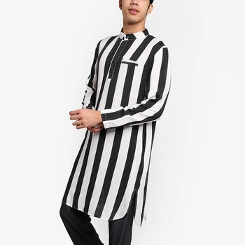 2021 Mænd Stripe Klæder Lange Ærmer Stå Krave Lange Skjorter Mand Casual Lommer Kurta Mode Musselin Kaftan Robe Indisk Tøj