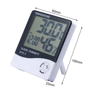 LCD-Elektronisk Digital Vækkeur Termometer Hygrometer HTC-1 Ur med Alarm Kalender 5 Funktioner, Stor Skærm bordholder