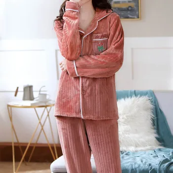 Pyjama pour femme Damer Mode Flannel Solid Print Lomme med Lange Ærmer+ Lange Bukser, Pyjamas, der Passer